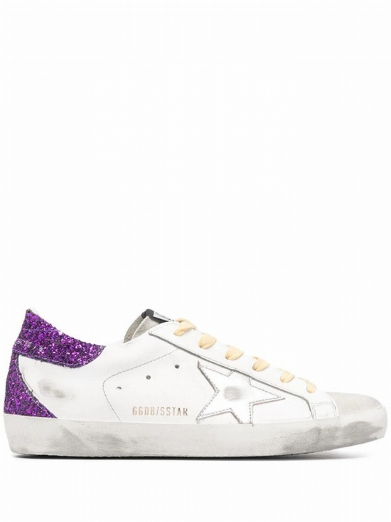 Woman White Super-star Sneakers With Silver Star, Yellow Laces And Purple Glitter Spoiler