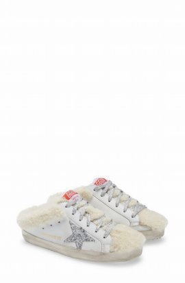 Super-star Sabot Leather Slip-on Sneaker - Upper Glitter Star Shearling Lining In Wht/silv