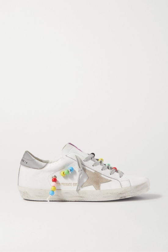 Superstar Bead-embellished Distressed Leather And Suede Sneakers In White