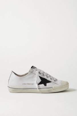 V-star Leather-trimmed Distressed Canvas Sneakers In White