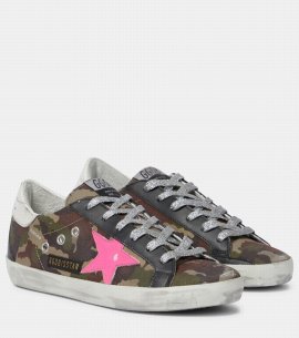 Super-star Leather-trimmed Sneakers In Green Camouflage/fuxia Fluo