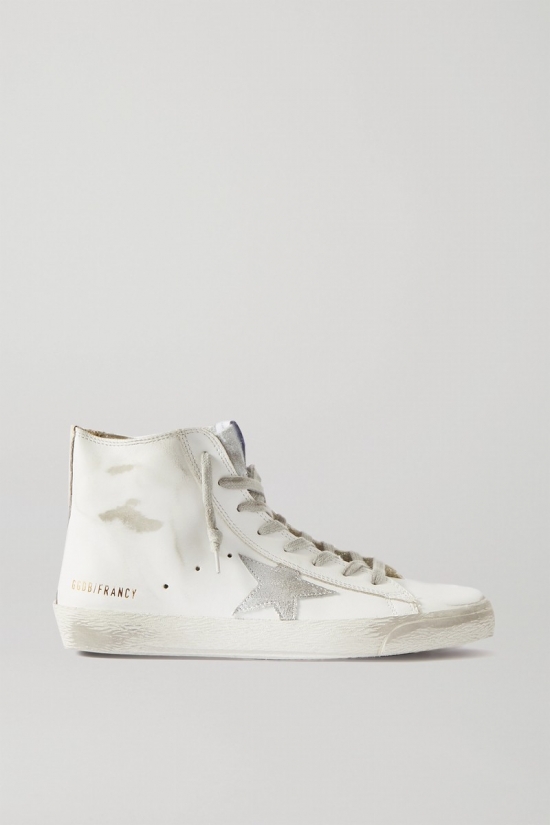 Francy Glittered Distressed Leather And Suede High-top Sneakers In White