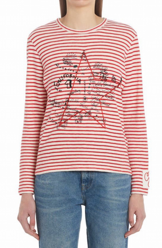 Golden W`s Long Sleeve T-shirt Striped Cotton Linen With Embroidery In Red