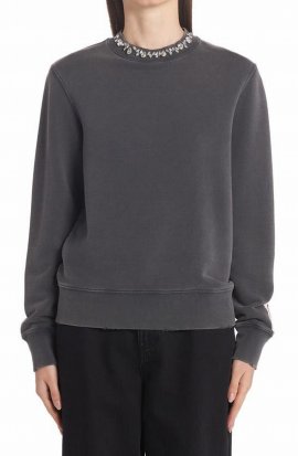 Athena Crystal Embellished Distressed Cotton Sweatshirt In Grey