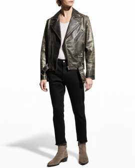 Golden M`s Biker Jacket Distressed Bull Leather In Black