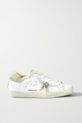 Superstar Shearling-lined Distressed Glittered Leather Sneakers In White