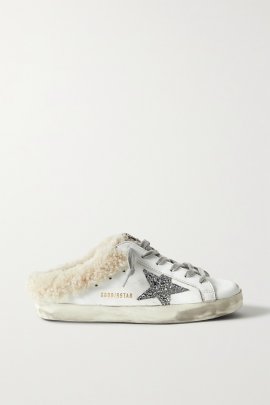 Superstar Sabot Shearling-lined Distressed Glittered Leather Slip-on Sneakers In White