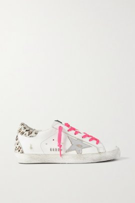 Superstar Leopard-print Calf Hair-trimmed Distressed Leather Sneakers In White