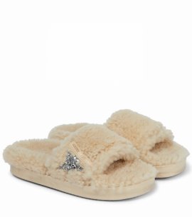 Poolstar Shearling Glitter Pool Sandals In Beige