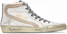 Slide Metallic Distressed Leather High-top Sneakers In White