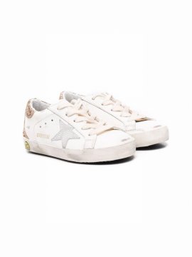 Kids' White Super Star Gold Glitter Leather Sneakers