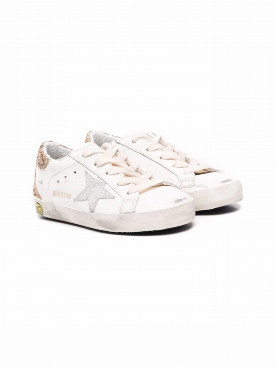 Kids' White Super Star Gold Glitter Leather Sneakers