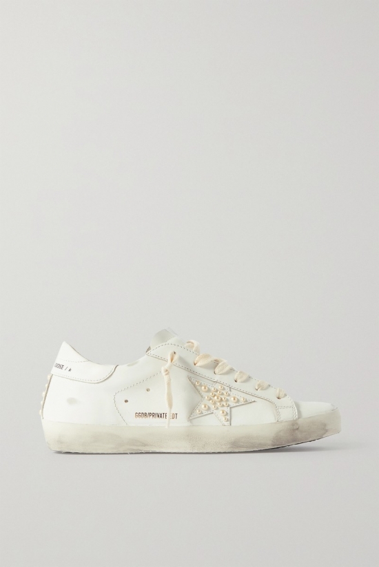 Superstar Faux Pearl-embellished Distressed Leather Sneakers In White