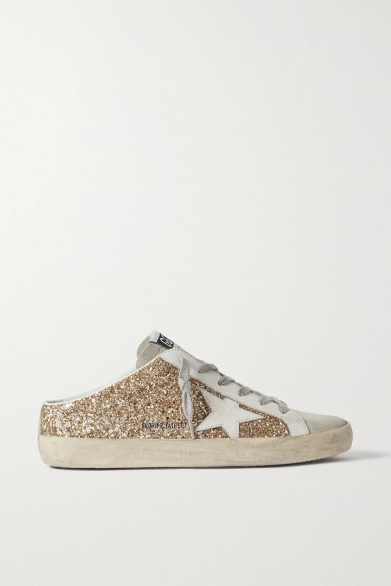 Super-star Sabot Distressed Glittered Leather And Suede Slip-on Sneakers In Gold