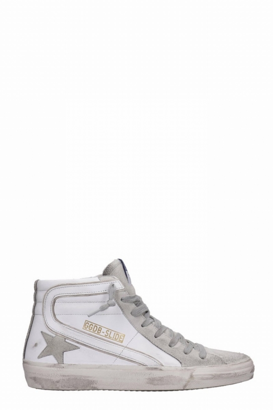 Slide Distressed Suede And Leather High-top Sneakers In White