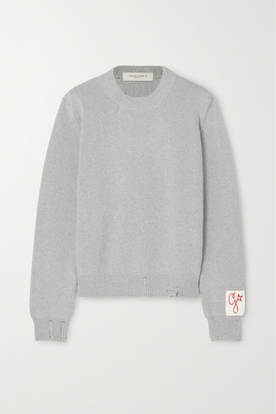 Distressed Ribbed Cotton-blend Sweatshirt In Gray