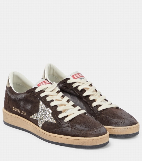 Ball Star Embellished Leather Sneakers In Coffee/brown/white/platinum