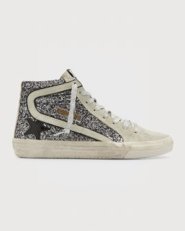 Slide Mid-top Glitter Leather Sneakers In Pewter