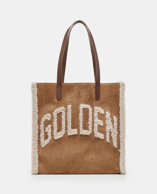 Shearling Logo Tote Bag In Brown