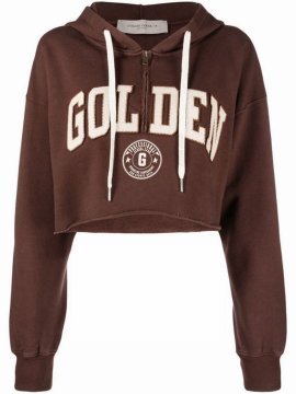 Logo Cropped Half-zip Cotton Hoodie In Golden Brown Chicory Coffee