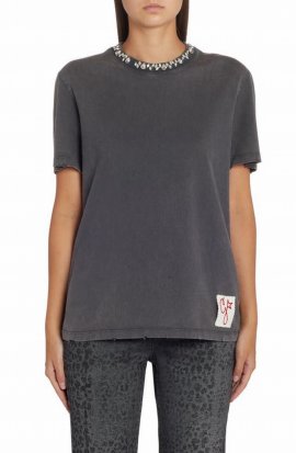 Crystal Embellished Distressed Cotton T-shirt In Antracite