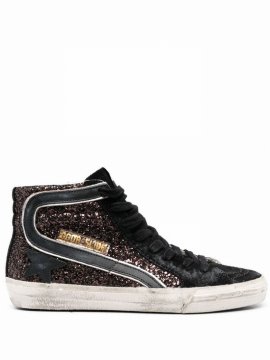 Slide Glitter Upper Suede Toe And List Leather Star And Wave In Black