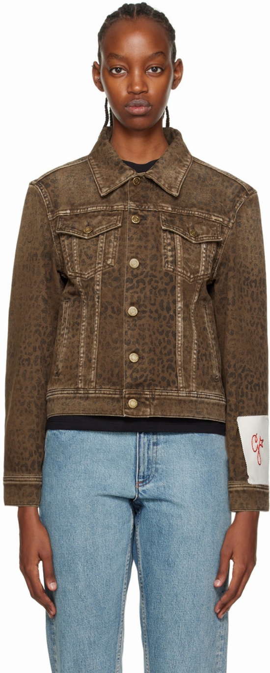 Crop Leopard Print Denim Jacket In Brown