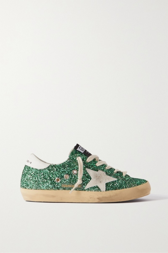 Superstar Distressed Suede-trimmed Glittered Leather Sneakers In Green