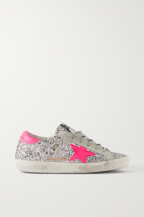 Superstar Glittered Distressed Leather And Suede Sneakers In Silver