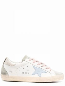 White Super-star Low Top Sneakers With Light Blue Star
