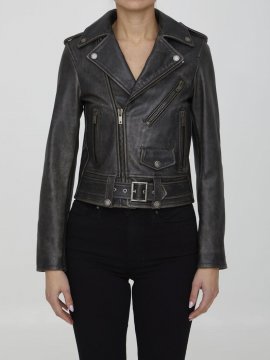 Leather Biker Jacket In Black,grey