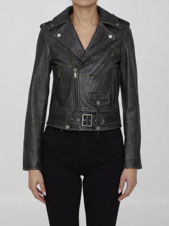 Leather Biker Jacket In Black,grey