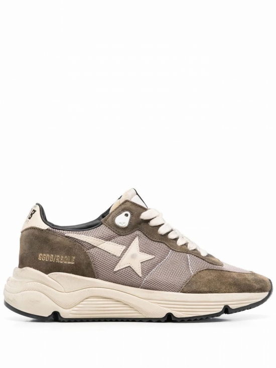 Women Net And Leather Star Running Sneakers In Olive Green/cream