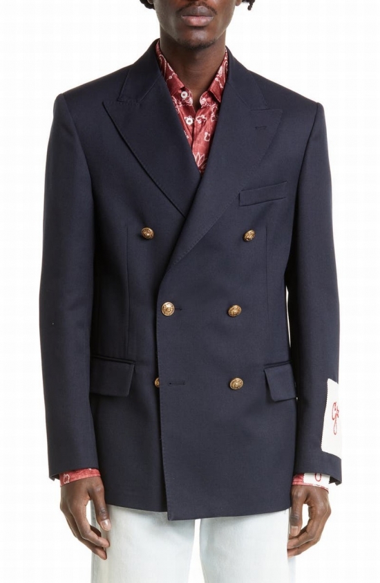 Crest Button Double Breasted Gabardine Blazer In Navy