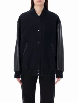 Leather-trimmed Bomber Jacket In Dark Blue/black