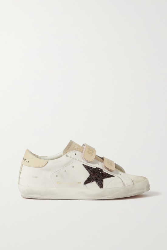 Old School Distressed Glittered Leather And Suede Sneakers In Milk Beige & Coffee Brown