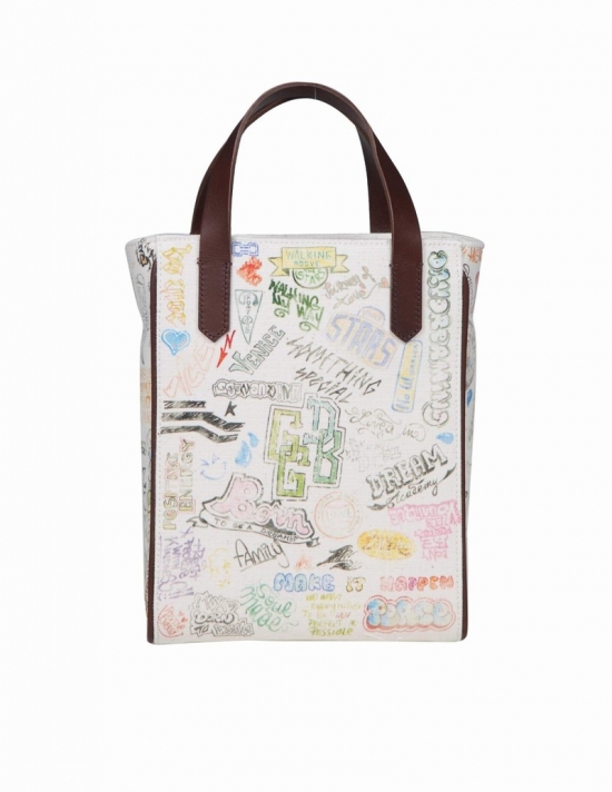 California Handbag In Canvas With Print In White/multi