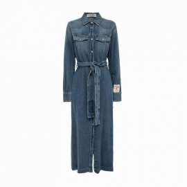 Belted Long-sleeved Denim Dress In Blue