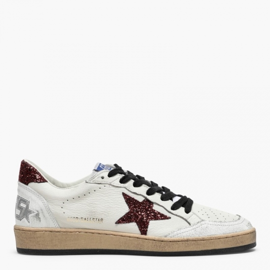 Deluxe Brand White Ball Star Sneaker With Burgundy Glitter