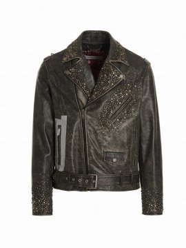 Distressed Leather Biker Jacket In Black