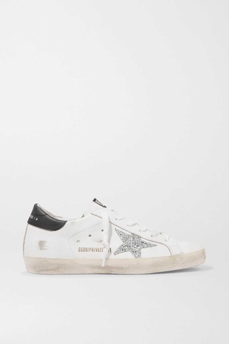 Superstar Distressed Glittered Leather Sneakers In White