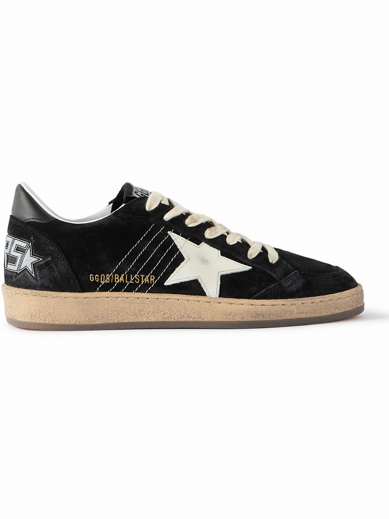 Ball Star Distressed Suede And Leather Sneakers In Black