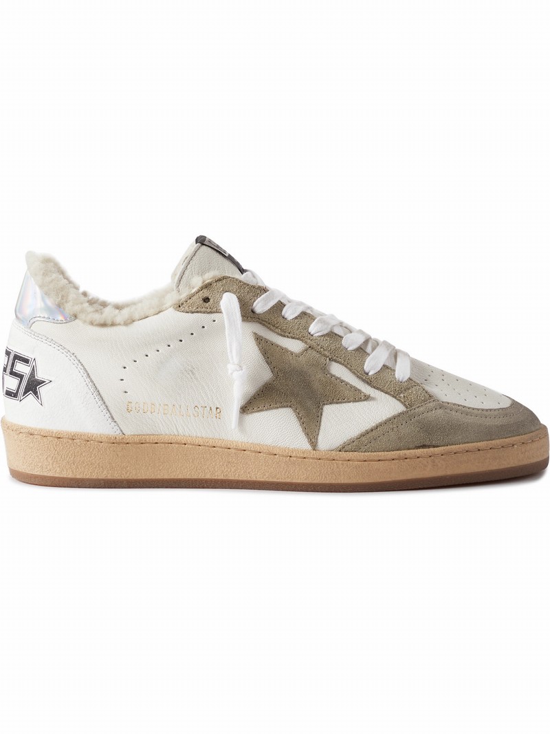 Ball Star Shearling-lined Distressed Leather And Suede Sneakers In White