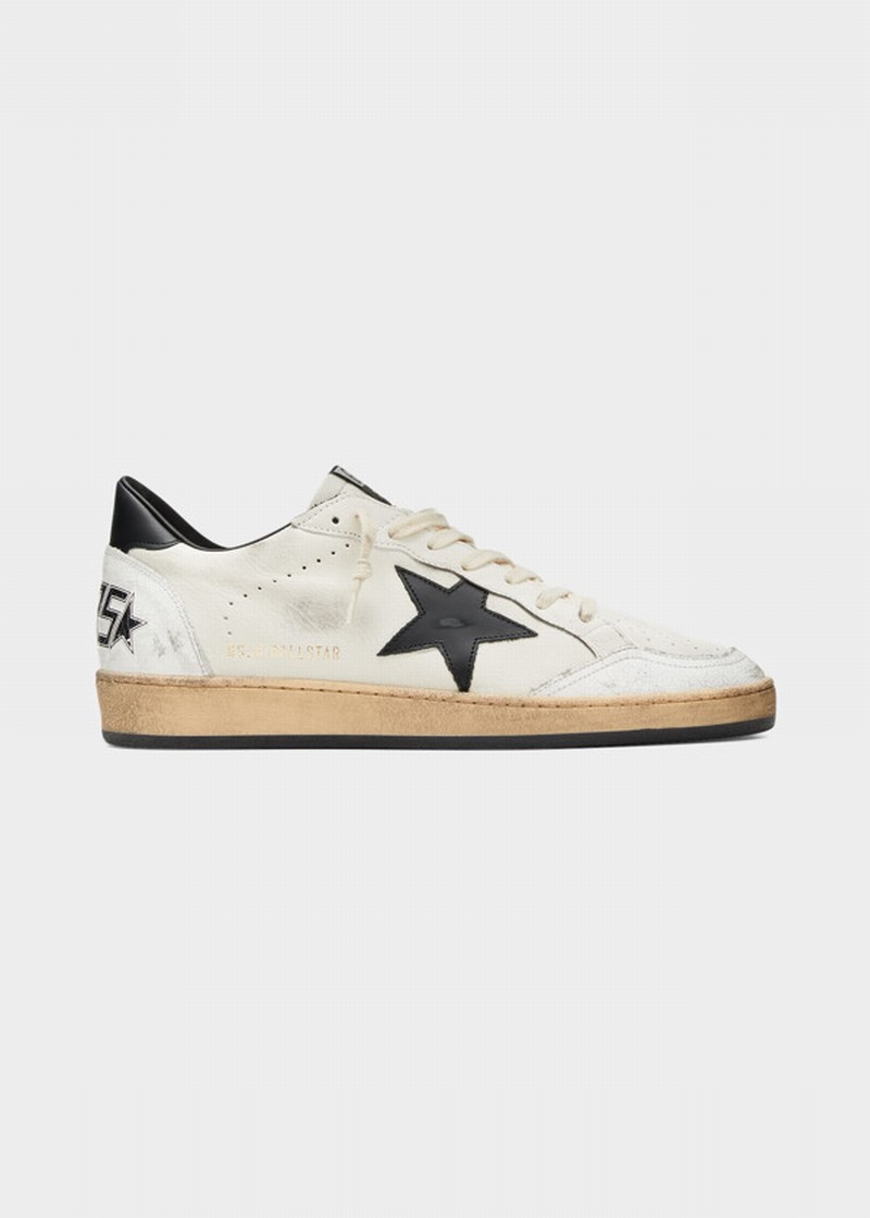 Men's Ball Star Distressed Leather Low-top Sneakers In White Black