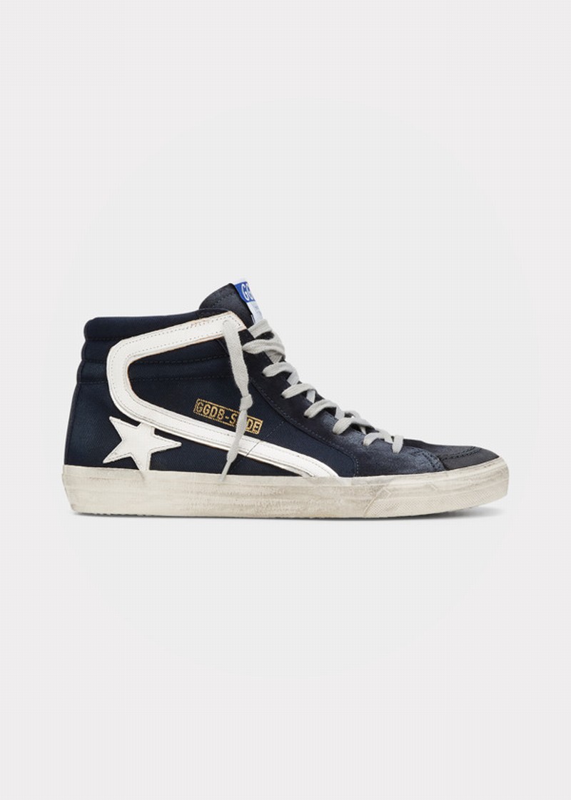 Men's Distressed Denim & Leather High-top Sneakers In Navy Blue/whitepl