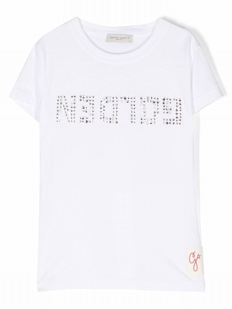 Kids' Girl's Crystalized Logo-print T-shirt In White