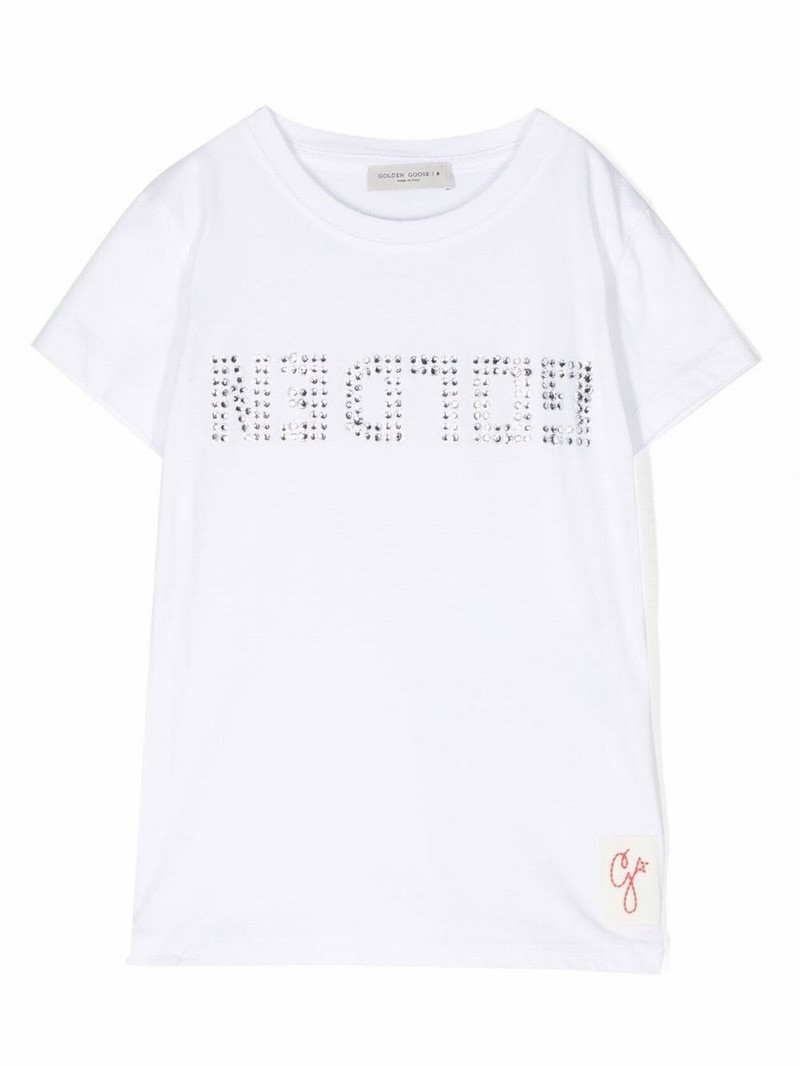 Kids' Girl's Crystalized Logo-print T-shirt In White