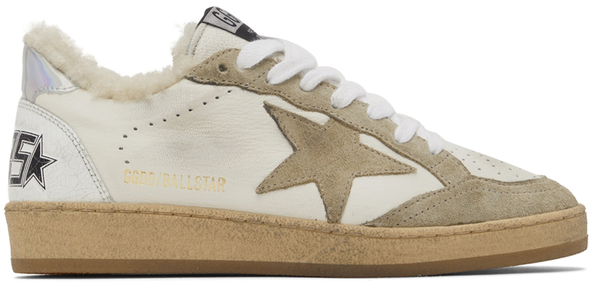 White & Taupe Shearling Ball Star Sneakers